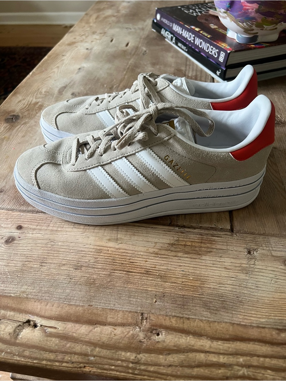 adidas Beige Suede Platform Sneakers with White Stripes and Red Heel - Picture 4 of 13